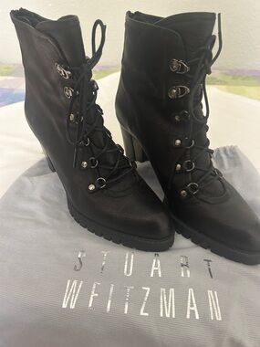 Stuart Weitzman Black Lace-Up back zipper Leather Heeled Combat Boots